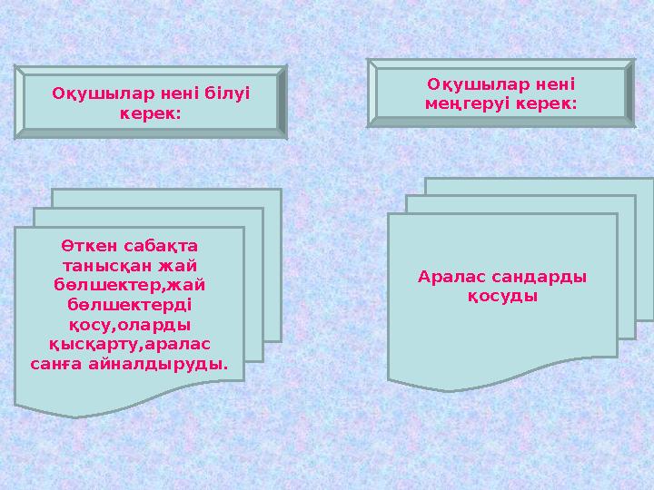 Оқушылар нені білуі керек: Оқушылар нені меңгеруі керек: Аралас сандарды қосудыӨткен сабақта танысқан жай бөлшектер,жай бө