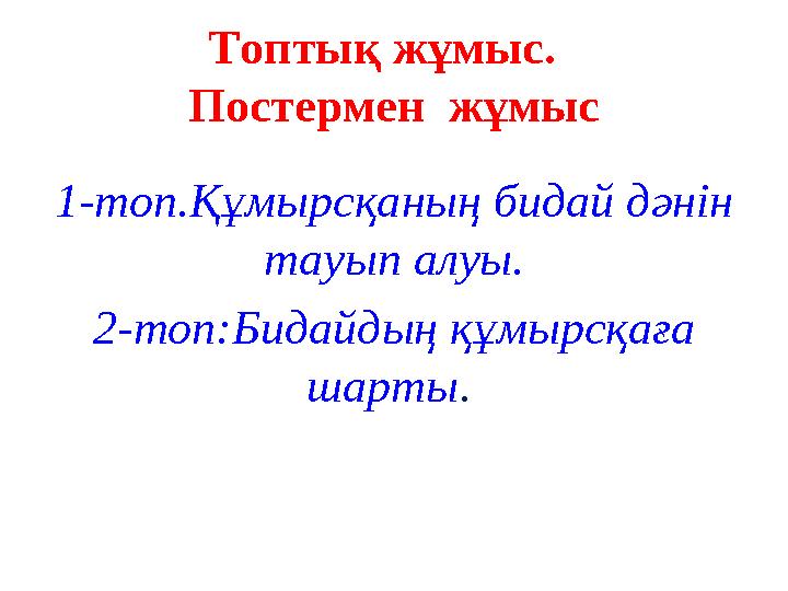 Топтық жұмыс. Постермен жұмыс 1-топ.Құмырсқаның бидай дәнін тауып алуы. 2-топ:Бидайдың құмырсқаға шарты .