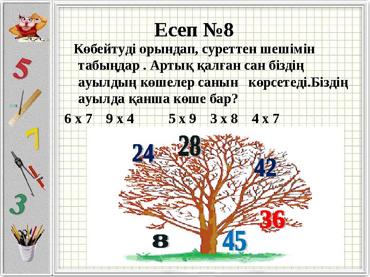 Есеп №8 Көбейтуді орындап, суреттен шешімін табыңдар . Артық қалған сан біздің ауылдың көшелер санын көрсетеді.Біздің а