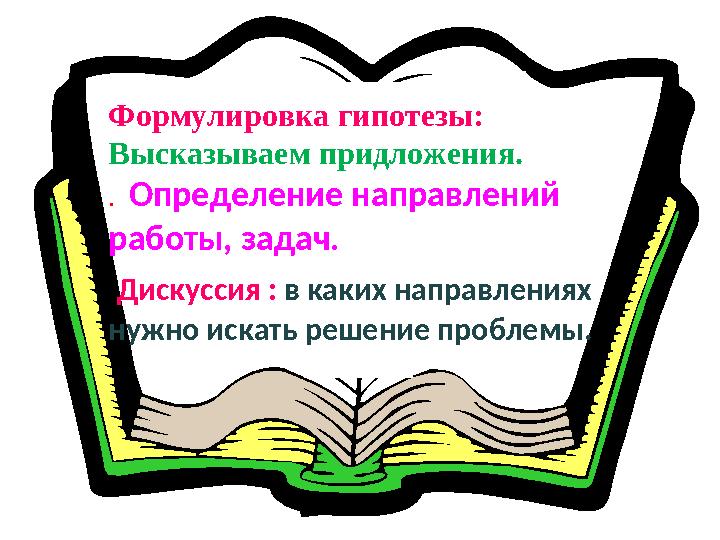 Формулировка гипотезы: Высказываем придложения. . Определение направлений работы, задач. Дискуссия : в каких направления