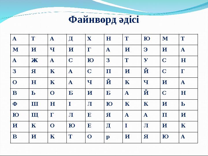 Файнворд әдісі А Т А Д Х Н Т Ю М Т М И Ч И Г А И Э И А А Ж А С Ю З Т У С Н З Я К А С П И Й С Г О Н К А Ч Й К Ч И А В Ь О Б И Б А