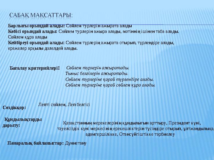 Барлығы орындай алады: Сөйлем турлерін ажырата алады Көбісі орындай алады: Сөйлем турлерін ажыра алады, мәтіннің ішінен таба а