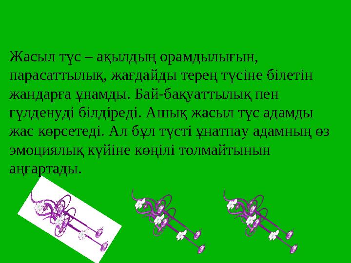 Жасыл түс – ақылдың орамдылығын, парасаттылық, жағдайды терең түсіне білетін жандарға ұнамды. Бай-бақуаттылық пен гүлденуді б