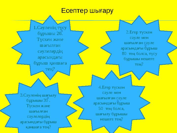 1.Сәуленің түсу бұрышы 20. Түскен және шағылған сәулелердің арасындағы бұрыш қаншаға тең? 2.Егер түскен сәуле мен шағыл