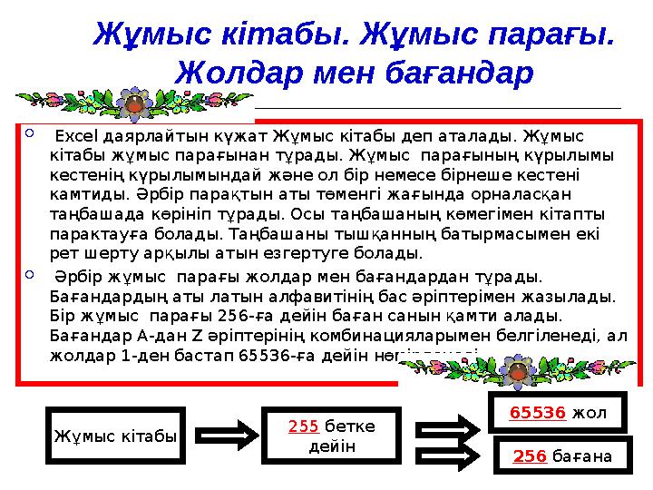 Ж ұ мыс кітабы. Ж ұ мыс парағы. Жолдар мен бағандар  Ехсеl даярлайтын күжат Жұмыс кітабы деп аталады. Жұмыс кітабы жұмыс п