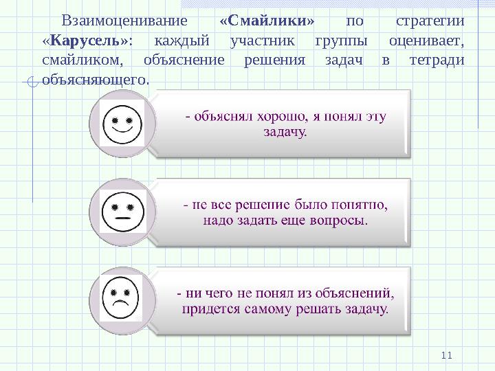 Взаимоценивание «Смайлики» по стратегии « Карусель» : каждый участник группы оценивает, смайликом, объяснение решения