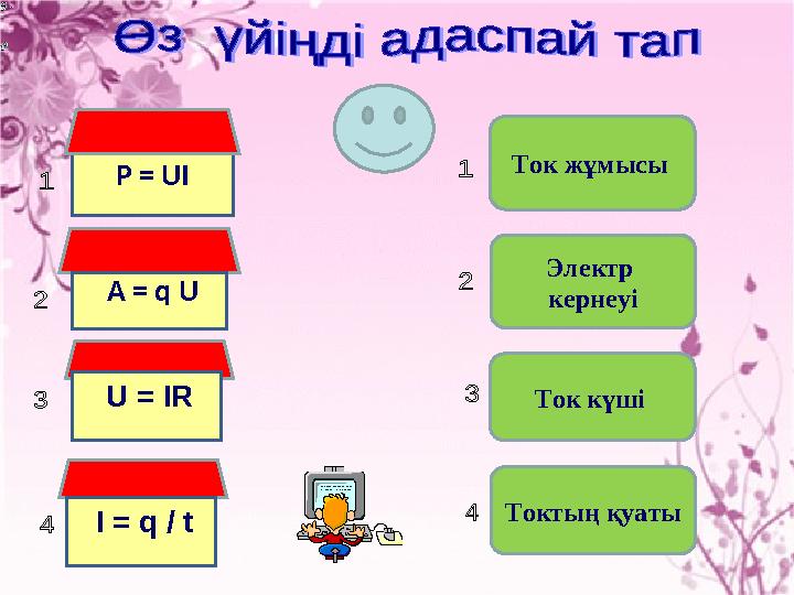 P = UI A = q U U = IR Ток жұмысы Электр кернеуі Ток күші I = q / t Токтың қуаты