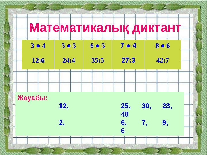 Математикалық диктант 3 ● 4 5 ● 5 6 ● 5 7 ● 4 8 ● 6 12 :6 24:4 35:5 27:3 42:7 Жауабы: 12, 25, 30, 28, 48 2, 6, 7, 9, 6