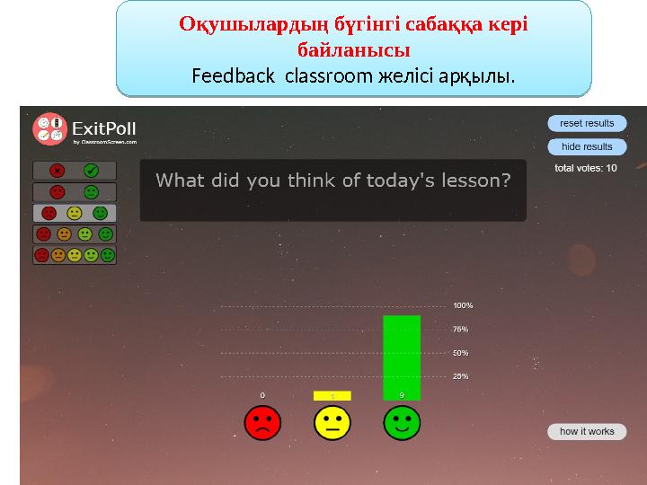 Оқушылардың бүгінгі сабаққа кері байланысы F eedback classroom желісі арқылы.Оқушылардың бүгінгі сабаққа кері байланысы F eed
