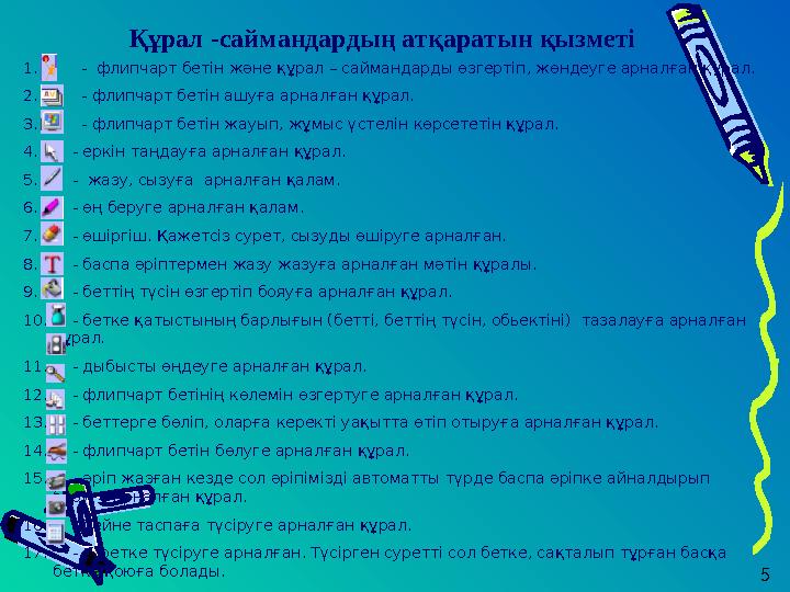 1. - флипчарт бетін және құрал – саймандарды өзгертіп, жөндеуге арналған құрал. 2. - флипчарт бетін ашуға арнал