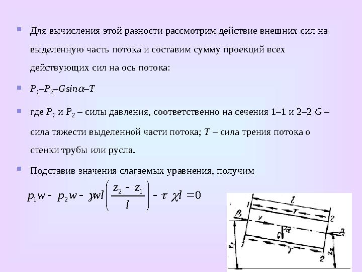 Схема к выводу уравнения Бернулли для реальной жидкости w h g u p z g u p z       2 2 2 2 2 2 2 1 1 1   h w