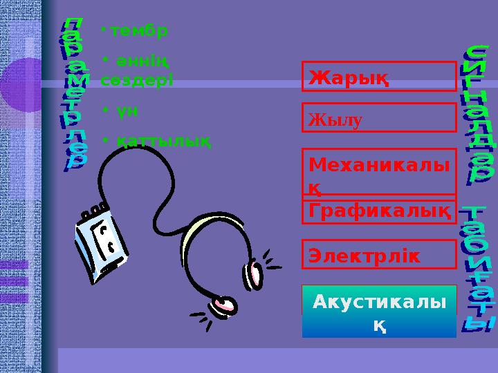 Жарық Жылу Механикалы қ Графикалық Электрлік Акустические Акустикалы қ• тембр • әннің сөздері • үн • қаттылық