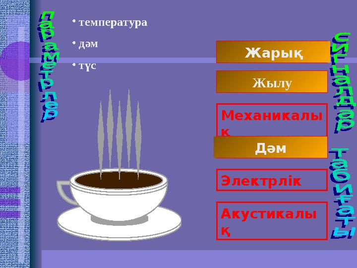 Световые Тепловые Механикалы қ Вкусовые Электрлік Акустикалы қ Жылу• температура • дәм • түс ДәмЖарық