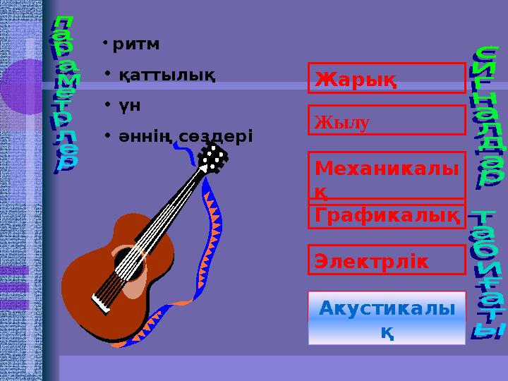 Жарық Жылу Механикалы қ Графикалық Электрлік Акустические Акустикалы қ• ритм • қаттылық • үн • әннің сөздері