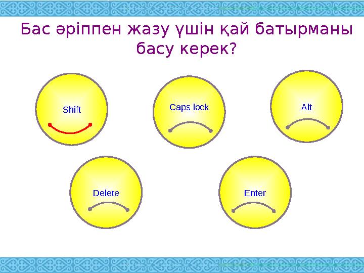 Бас әріппен жазу үшін қай батырманы басу керек? Caps lock Alt Delete EnterShift