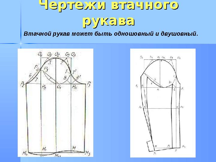 Чертежи втачного Чертежи втачного рукаварукава Втачной рукав может быть одношовный и двушовный.