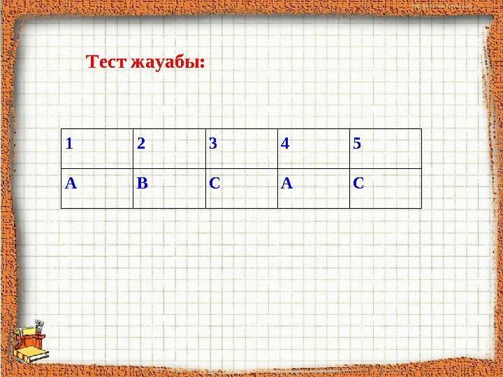 1 2 3 4 5 А В С А СТест жауабы: 1 2 3 4 5 А В С А С