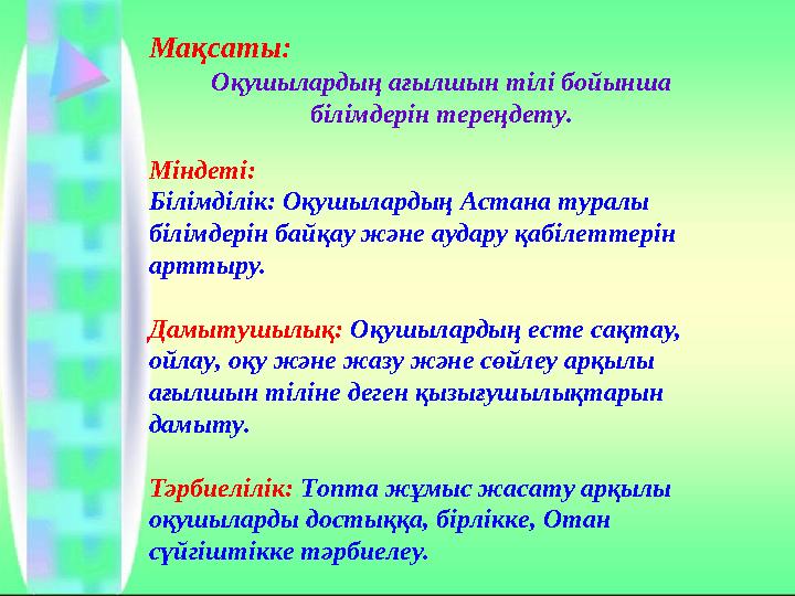 Мақсаты: Оқушылардың ағылшын тілі бойынша білімдерін тереңдету. Міндеті: Білімділік: Оқушылардың Астана туралы білімдерін ба