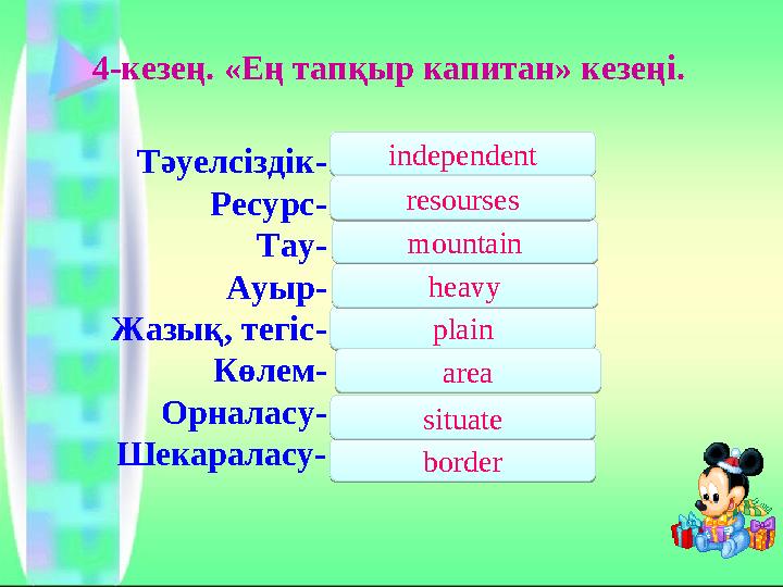 4-кезең. «Ең тапқыр капитан» кезеңі. Тәуелсіздік- Ресурс- Тау- Ауыр- Жазық, тегіс- Көлем- Орналасу- Шекараласу- independent plai