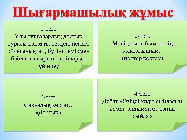 1-топ. Ұлы тұлғалардың достық туралы қанатты сөздегі негізгі ойды анықтап, бұгінгі өмірмен байланыстырып өз ойларын түйіндеу