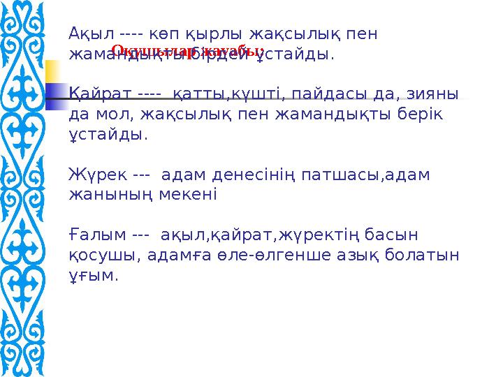 Мен жазбаймын өлеңді ермек үшін, Жоқ-барды, ертегіні термек үшін. Көкірегі сезімді, тілі орамды Жаздым үлгі бермек үшін. Бұл сө