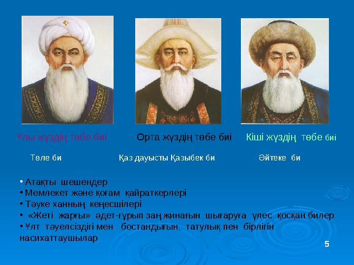 Ұлы жүздің төбе биі Орта жүздің төбе биі Кіші жүздің төбе биі Төле би Қаз