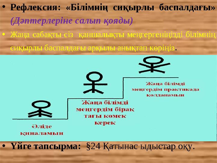 • Рефлексия: «Білімнің сиқырлы баспалдағы» (Дәптерлеріне салып қояды) • Жаңа сабақты сіз қаншалықты меңгергеніңізді б