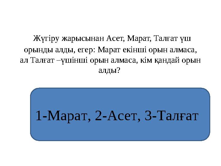 Жүгіру жарысынан Асет, Марат, Талғат үш орынды алды, егер: Марат екінші орын алмаса, ал Талғат –үшінші орын алмаса, кім қанд