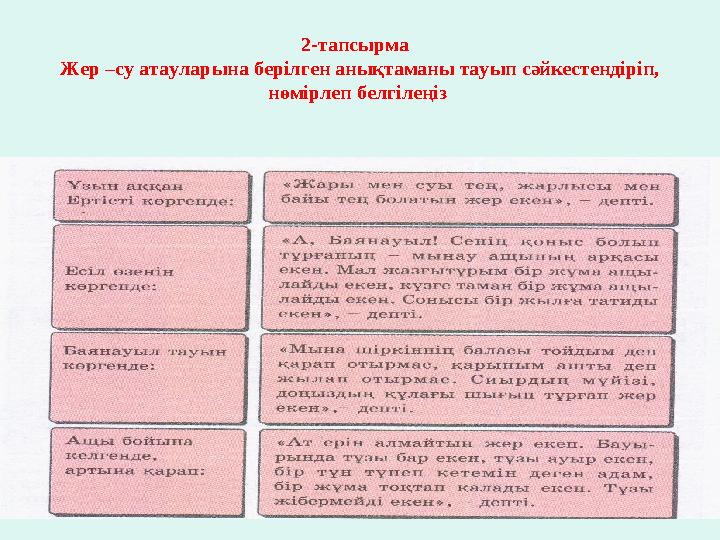 2-тапсырма Жер –су атауларына берілген анықтаманы тауып сәйкестендіріп, нөмірлеп белгілеңіз