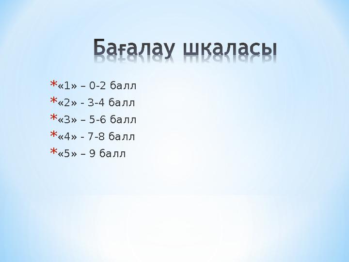 *«1» – 0-2 балл *«2» - 3-4 балл *«3» – 5-6 балл *«4» - 7-8 балл *«5» – 9 балл