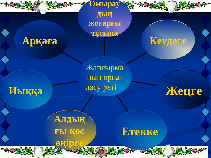 Арқаға Иыққа Алдың ғы қос өңірге Етекке Жеңге Кеудеге Омырау дың жоғарғы тұсына Жапсырма ның орна- ласу реті
