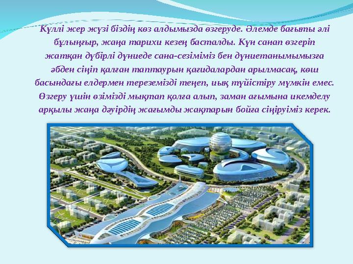 Күллі жер жүзі біздің көз алдымызда өзгеруде. Әлемде бағыты әлі бұлыңғыр, жаңа тарихи кезең басталды. Күн санап өзгеріп жатқан