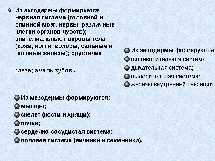 Из Из энтодермыэнтодермы формируются: формируются: пищеварительная система;пищеварительная система; дыхательная система;дыхатель
