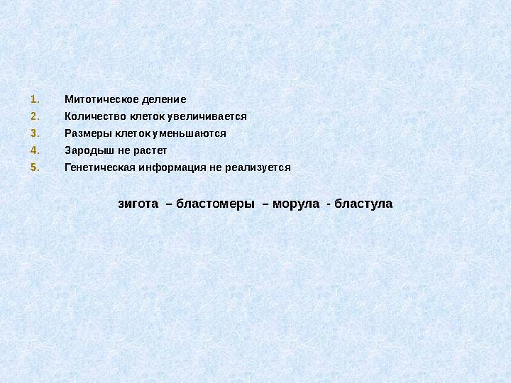 1. Митотическое деление 2. Количество клеток увеличивается 3. Размеры клеток уменьшаются 4. Зародыш не растет 5. Генетическая ин