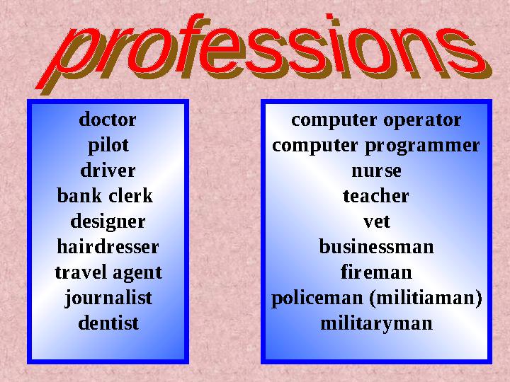 doctor pilot driver bank clerk designer hairdresser travel agent journalist dentist computer operator computer programmer nurse