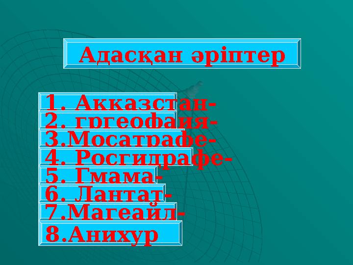 Адасқан әріптер 1. Аққазстан- 2. гргеофаия- 3.Мосатрафе- 4. Росгидрафе- 5. Гмама- 6. Лантат- 7.Магеайл- 8.Анихур
