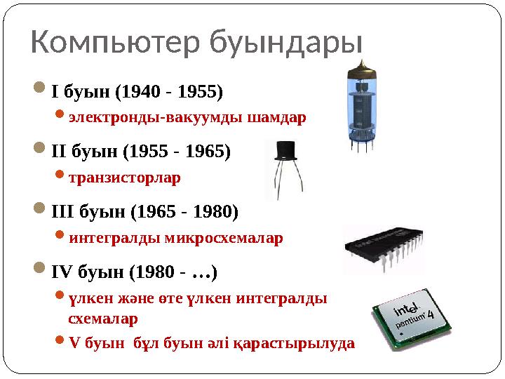 Компьютер буындары I буын (1940 - 1955) электронды-вакуумды шамдар II буын (1955 - 1965) транзисторлар III буын (1965 - 198