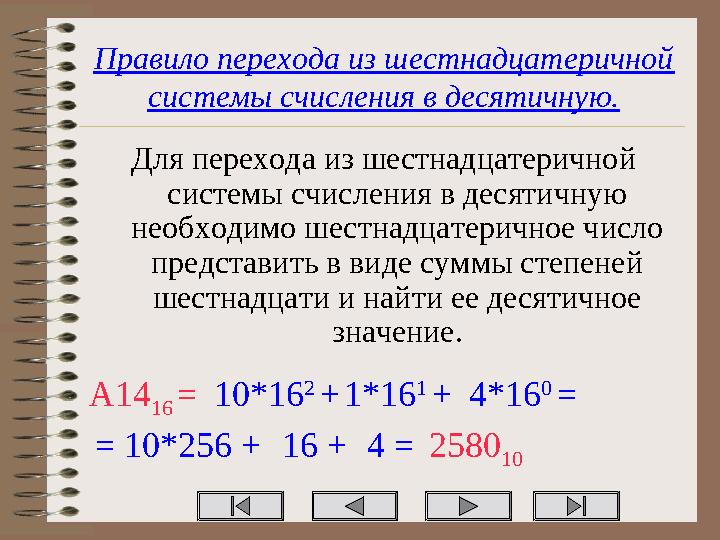 Правило перехода из шестнадцатеричной системы счисления в десятичную. Для перехода из шестнадцатеричной системы счисления в де