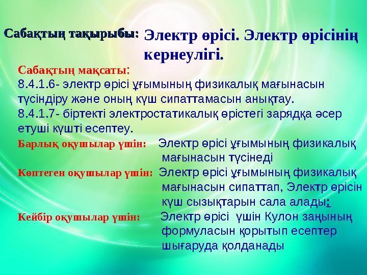 ФормулалардФормулалард Сабақтың мақсаты: 8.4.1.6- электр өрісі ұғымының физикалық мағынасын түсіндіру және оның күш сипаттамасы