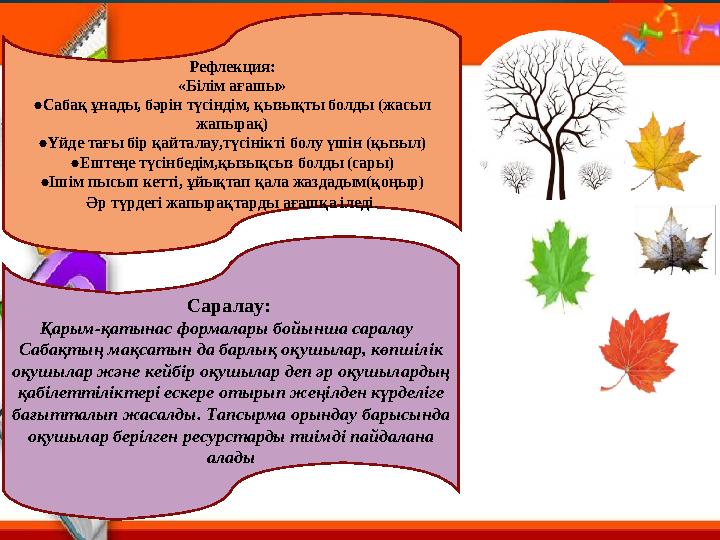 Рефлекция: «Білім ағашы» ●Сабақ ұнады, бәрін түсіндім, қызықты болды (жасыл жапырақ) ●Үйде тағы бір қайталау,түсінікті болу үш