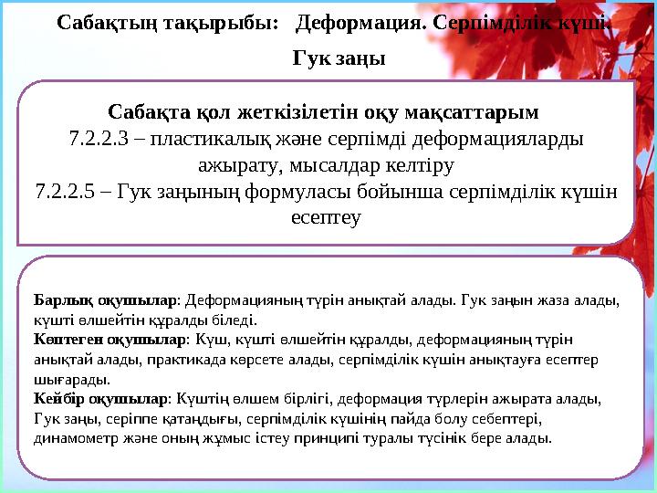 Сабақта қол жеткізілетін оқу мақсаттарым 7.2.2.3 – пластикалық және серпімді деформацияларды ажырату, мысал
