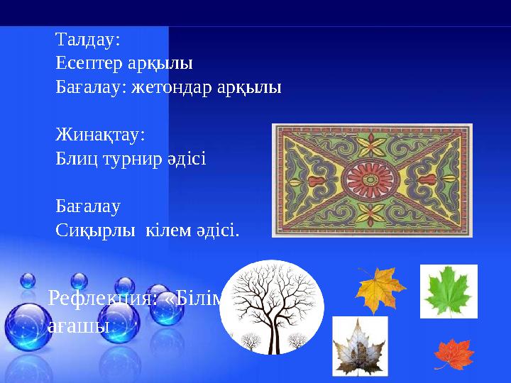 Талдау: Есептер арқылы Бағалау: жетондар арқылы Жинақтау: Блиц турнир әдісі Бағалау Сиқырлы кілем әдісі. Рефлекция: «Б