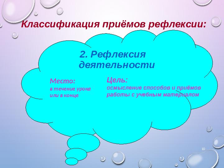 10 2. Рефлексия деятельности Классификация приёмов рефлексии: Место: в течение урока или в конце Цель: осмысление способов и пр