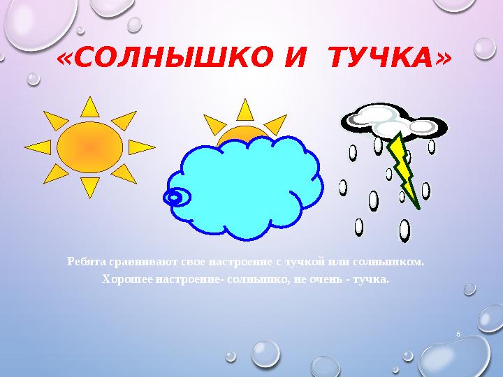 «СОЛНЫШКО И ТУЧКА» 6 Ребята сравнивают свое настроение с тучкой или солнышком. Хорошее настроение- солнышко, не очень - тучка.