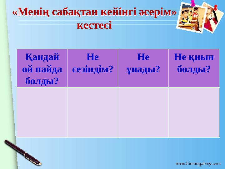 www.themegallery.com «Менің сабақтан кейінгі әсерім» кестесі «Менің сабақтан кейінгі әсерім» кестесі Қандай ой пайда бо