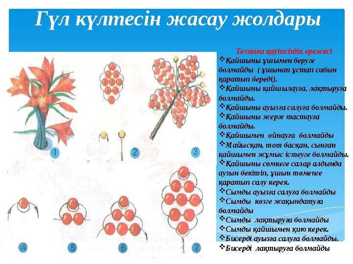 Гүл күлтесін жасау жолдары Техника қауіпсіздік ережесі Қайшыны ұшымен беруге болмайды ( ұшынан ұстап сабын қаратып береді)