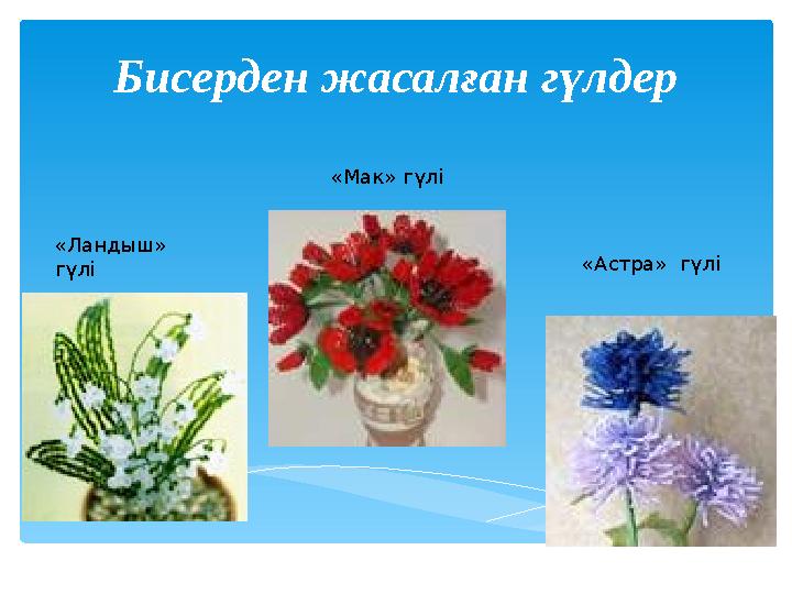 Бисерден жасалған гүлдер «Ландыш» гүлі «Мак» гүлі «Астра» гүлі
