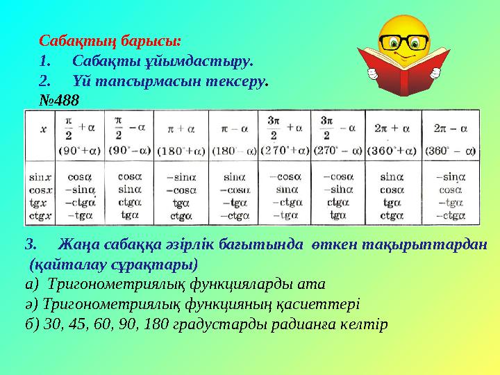 Сабақтың барысы: 1. Сабақты ұйымдастыру. 2. Үй тапсырмасын тексеру . № 488 3. Жаңа сабаққа әзірлік бағытында өтке