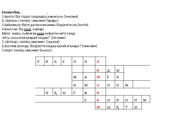 Сөзжұмбақ. 1.Белгілі бір тілдегі сөздердің жиынтығы (лексика) 2.«Бағалы» сөзінің синонимі (құнды) 3.Байланысу бірігу деген мағы