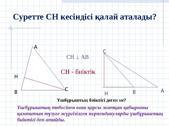 Суретте СН кесіндісі қалай аталады? Үшбұрыштың биіктігі деген не? Үшбұрыштың төбесінен оған қарсы жатқан қабырғаны қамтитын түз